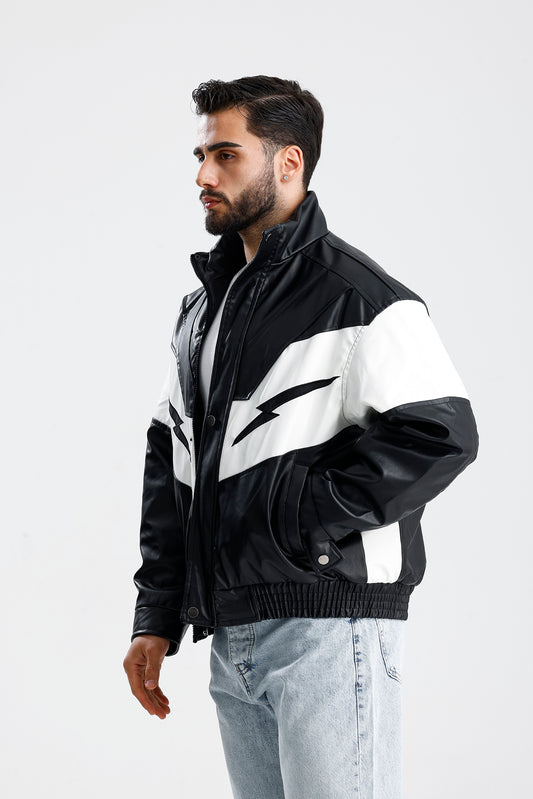 Şimşek Desen Vintage Motors Deri Ceket