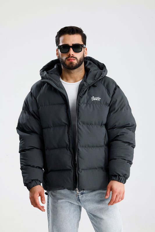 STWD Nakışlı Oversize Kapüşonlu Şişme Mont